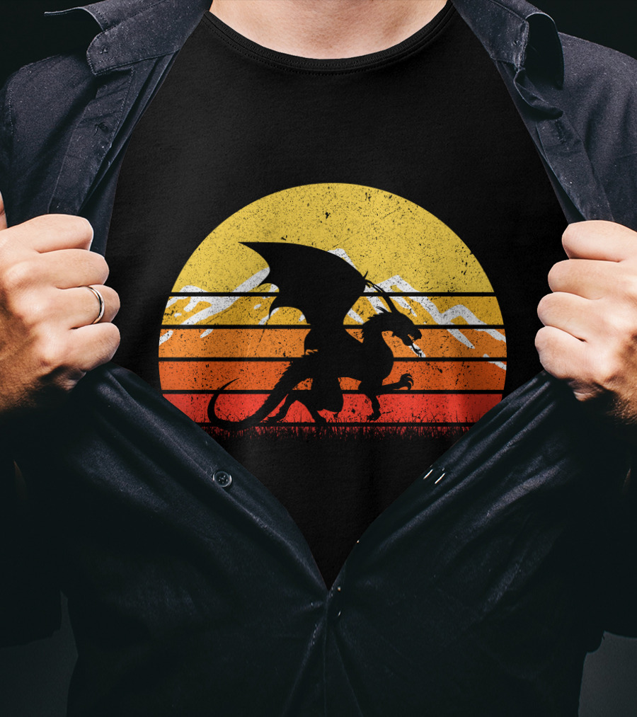 Retro Vintage Dragon With Silhouette And Sunset Mountains T-Shirt