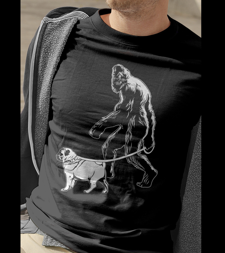 Bigfoot Walking A Pug Dog T-Shirt