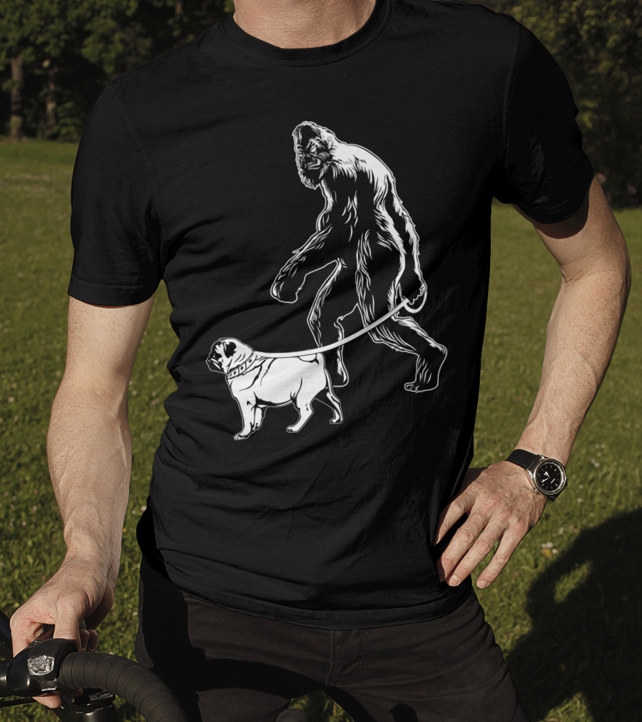 Bigfoot Walking A Pug Dog T-Shirt