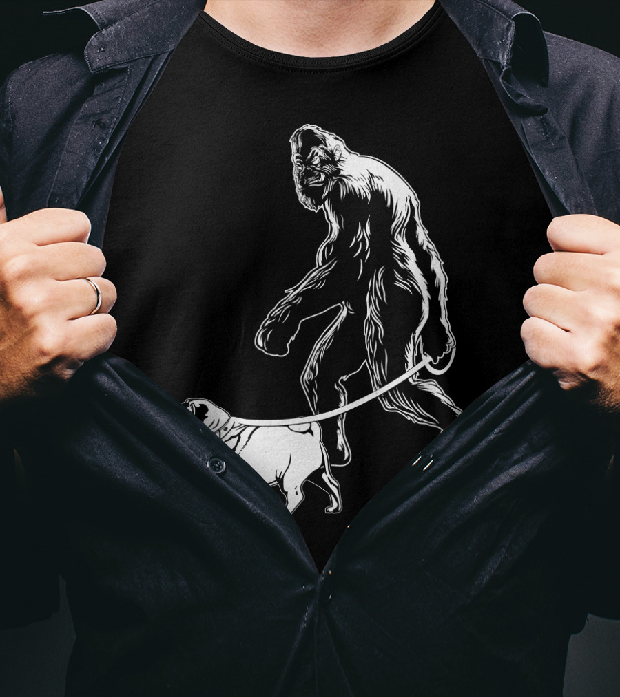 Bigfoot Walking A Pug Dog T-Shirt