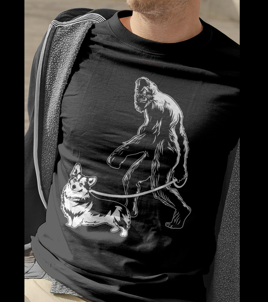 Bigfoot Walking Corgi Dog T-Shirt