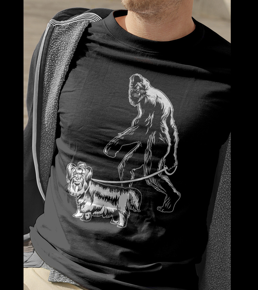 Bigfoot Walking A Yorkie Dog T-Shirt