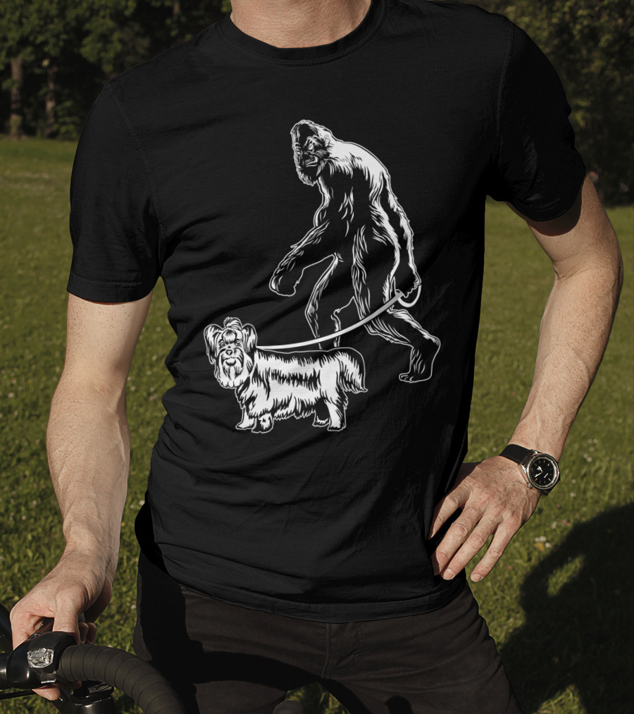 Bigfoot Walking A Yorkie Dog T-Shirt