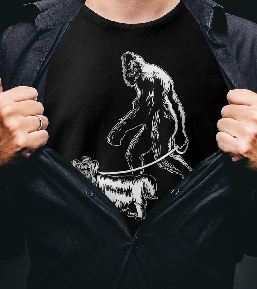 Bigfoot Walking A Yorkie Dog T-Shirt