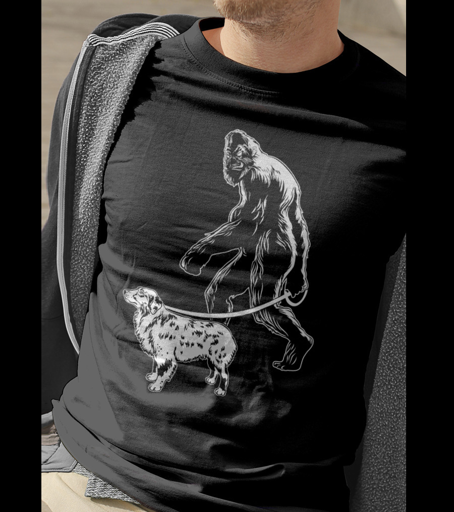 Bigfoot Walking Australian Shepherd Dog T-Shirt