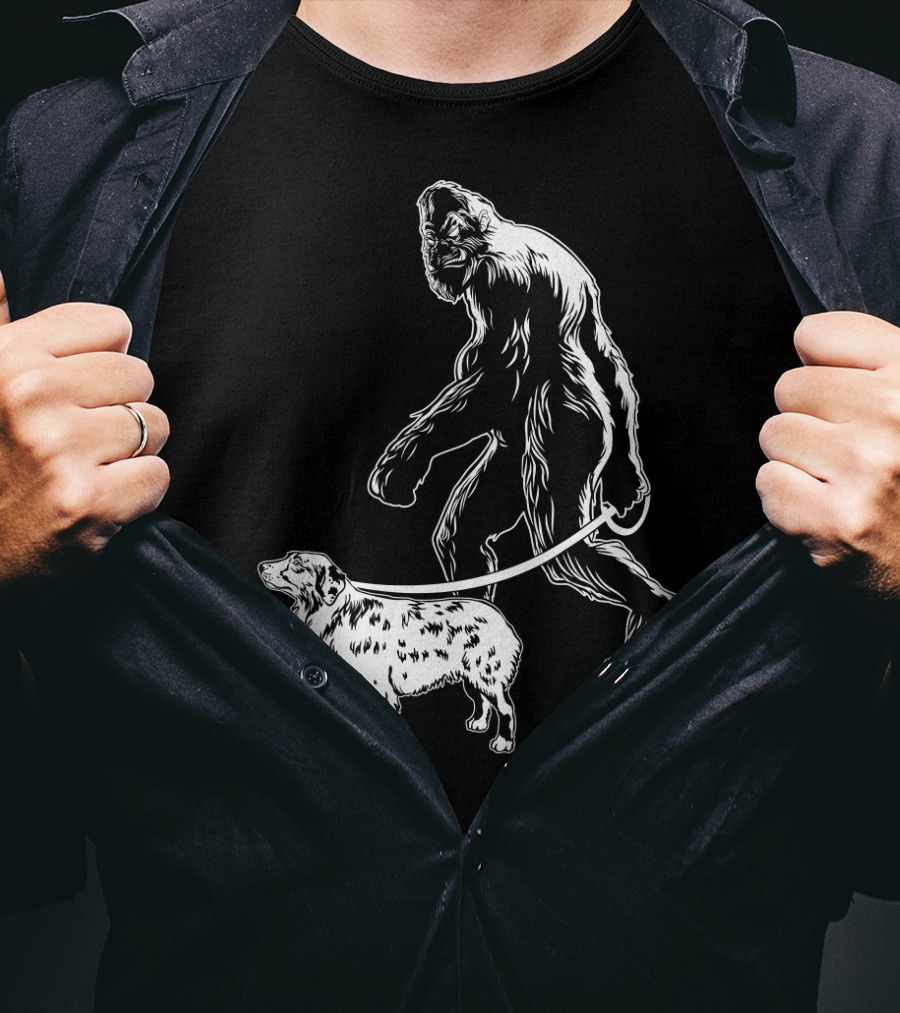 Bigfoot Walking Australian Shepherd Dog T-Shirt