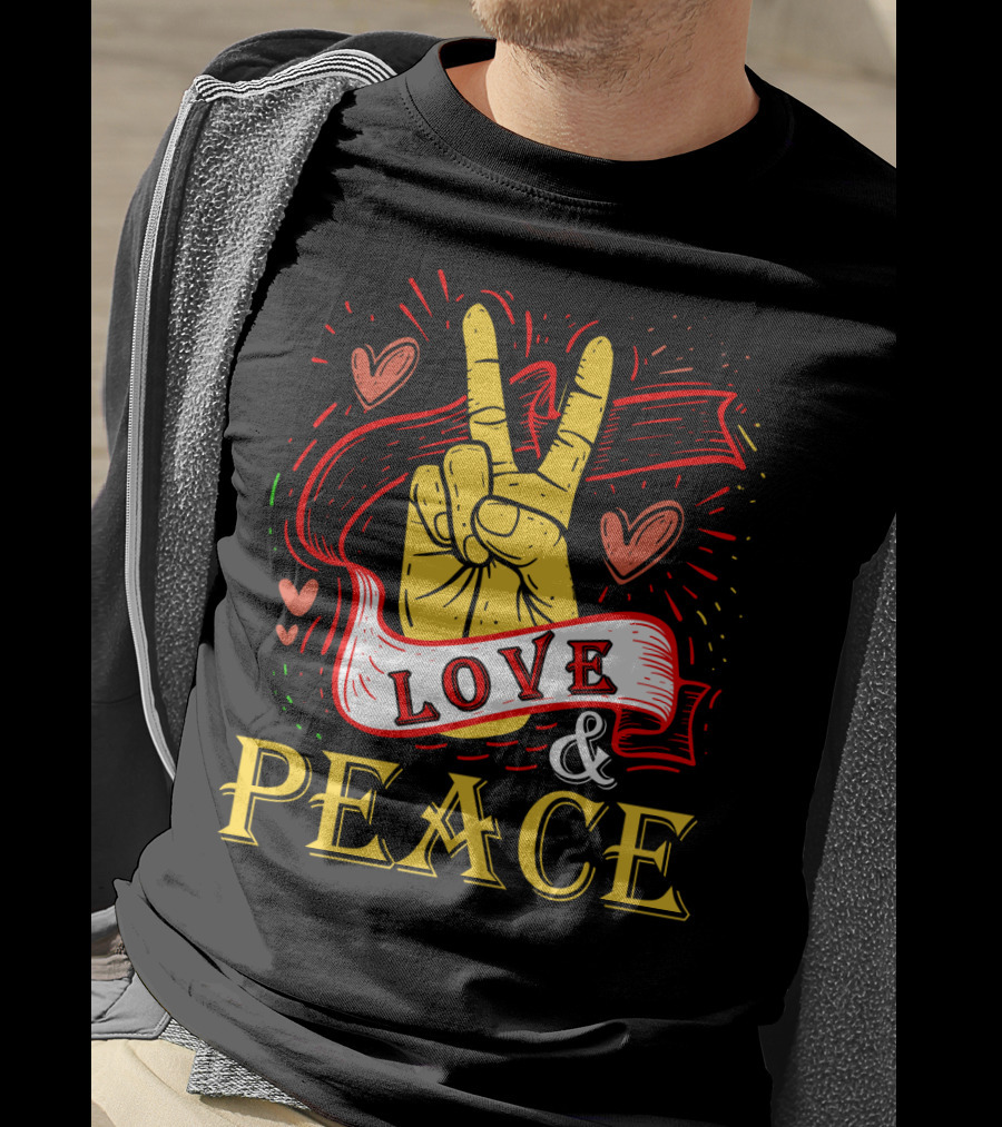 LOVE And PEACE Hand Gesture With Hearts And Banner T-Shirt