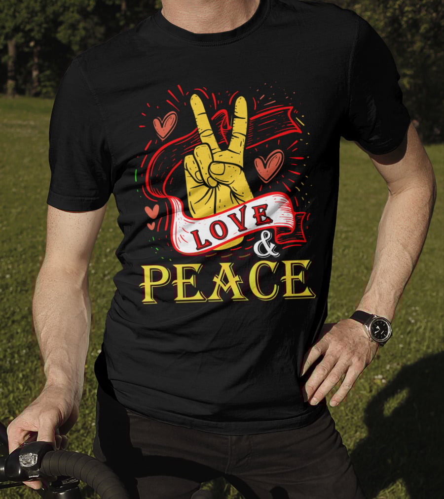 LOVE And PEACE Hand Gesture With Hearts And Banner T-Shirt