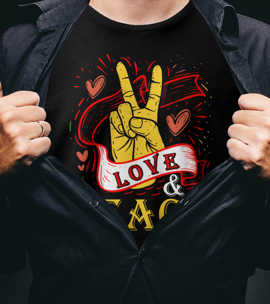 LOVE And PEACE Hand Gesture With Hearts And Banner T-Shirt