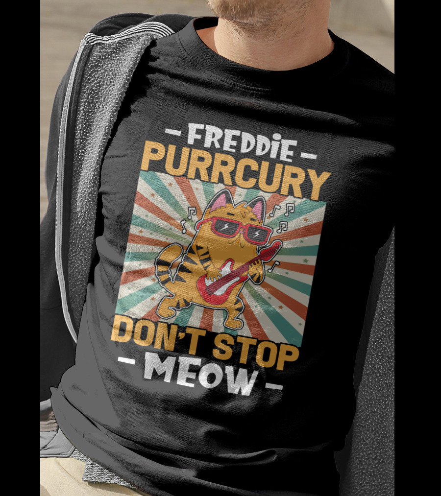 Freddie Purrcury Don't Stop Meow Cat With Guitar Retro Music Vibes T-Shirt