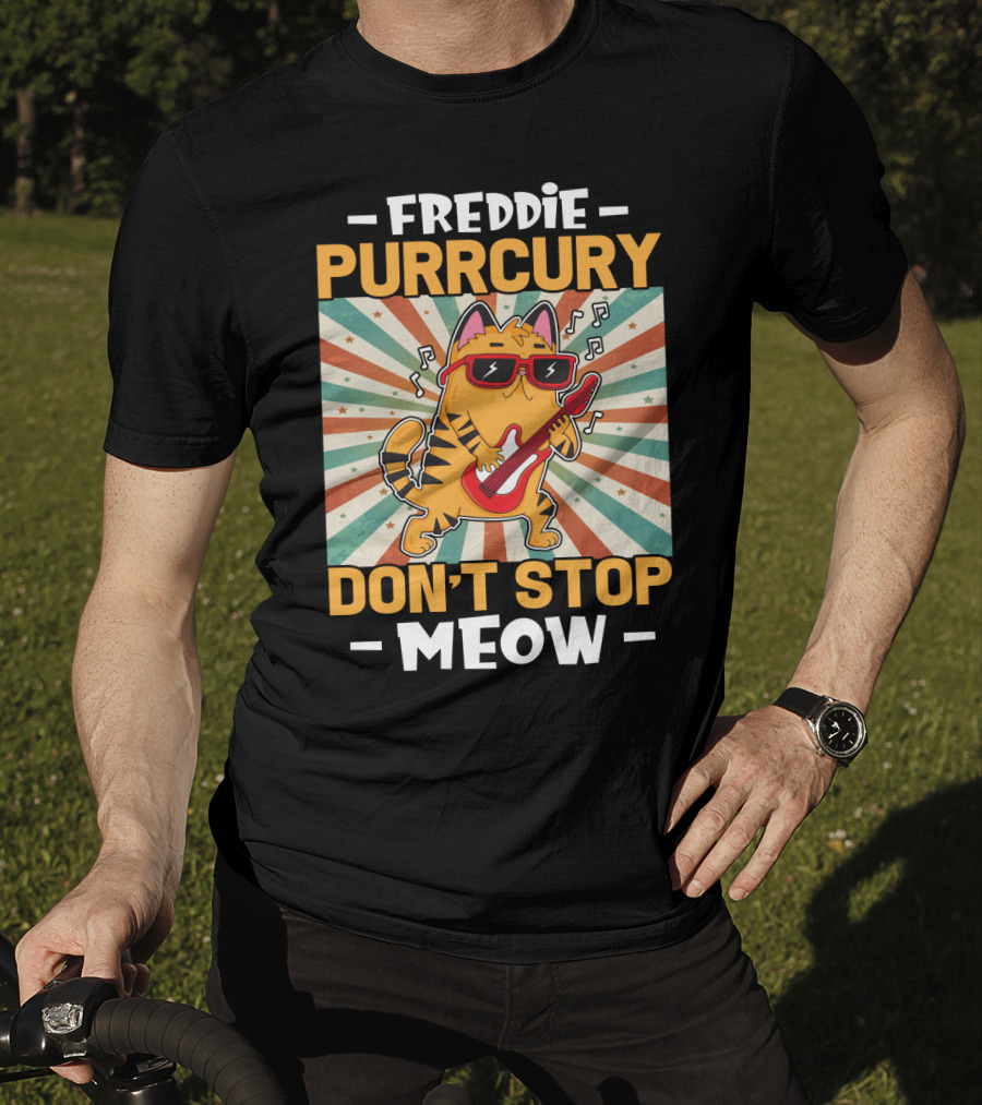 Freddie Purrcury Don't Stop Meow Cat With Guitar Retro Music Vibes T-Shirt