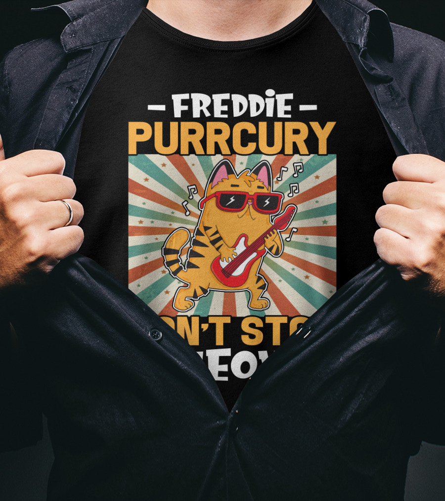 Freddie Purrcury Don't Stop Meow Cat With Guitar Retro Music Vibes T-Shirt