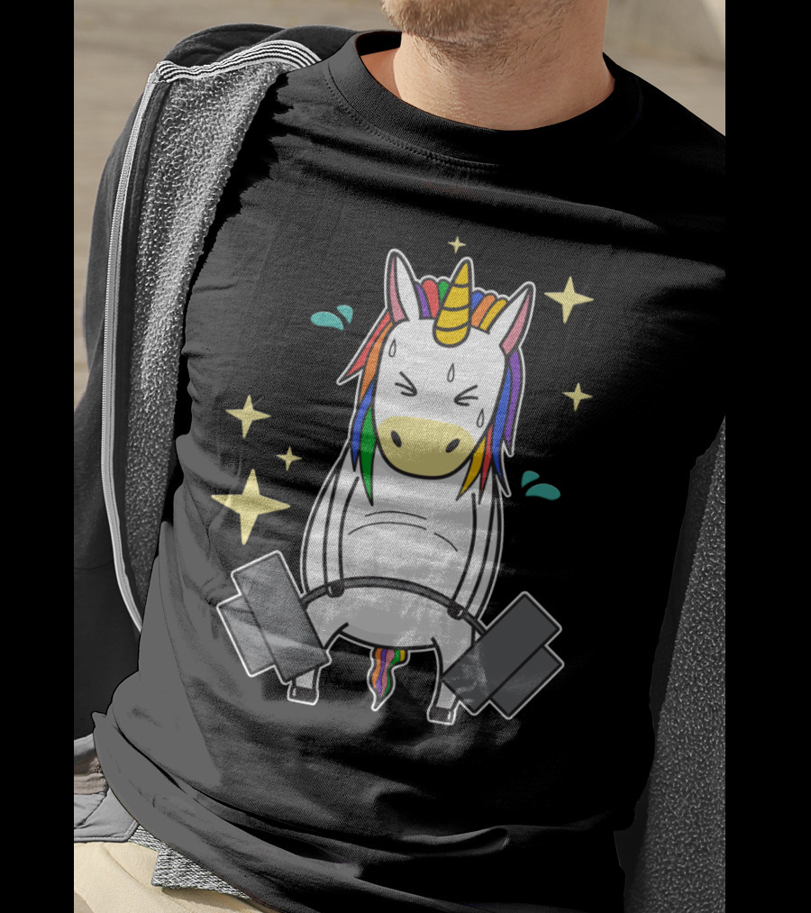 Unicorn Weightlifting Fitness Gym Sweat Rainbow Mane Stars T-Shirt