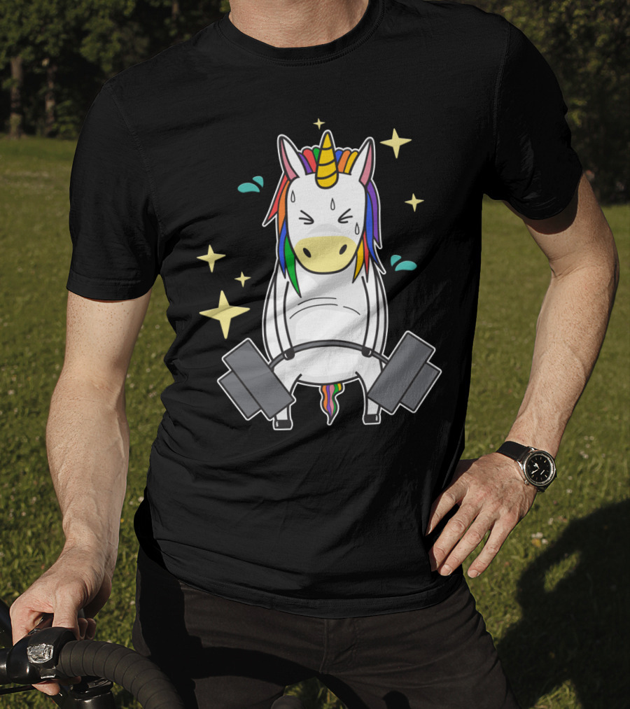 Unicorn Weightlifting Fitness Gym Sweat Rainbow Mane Stars T-Shirt