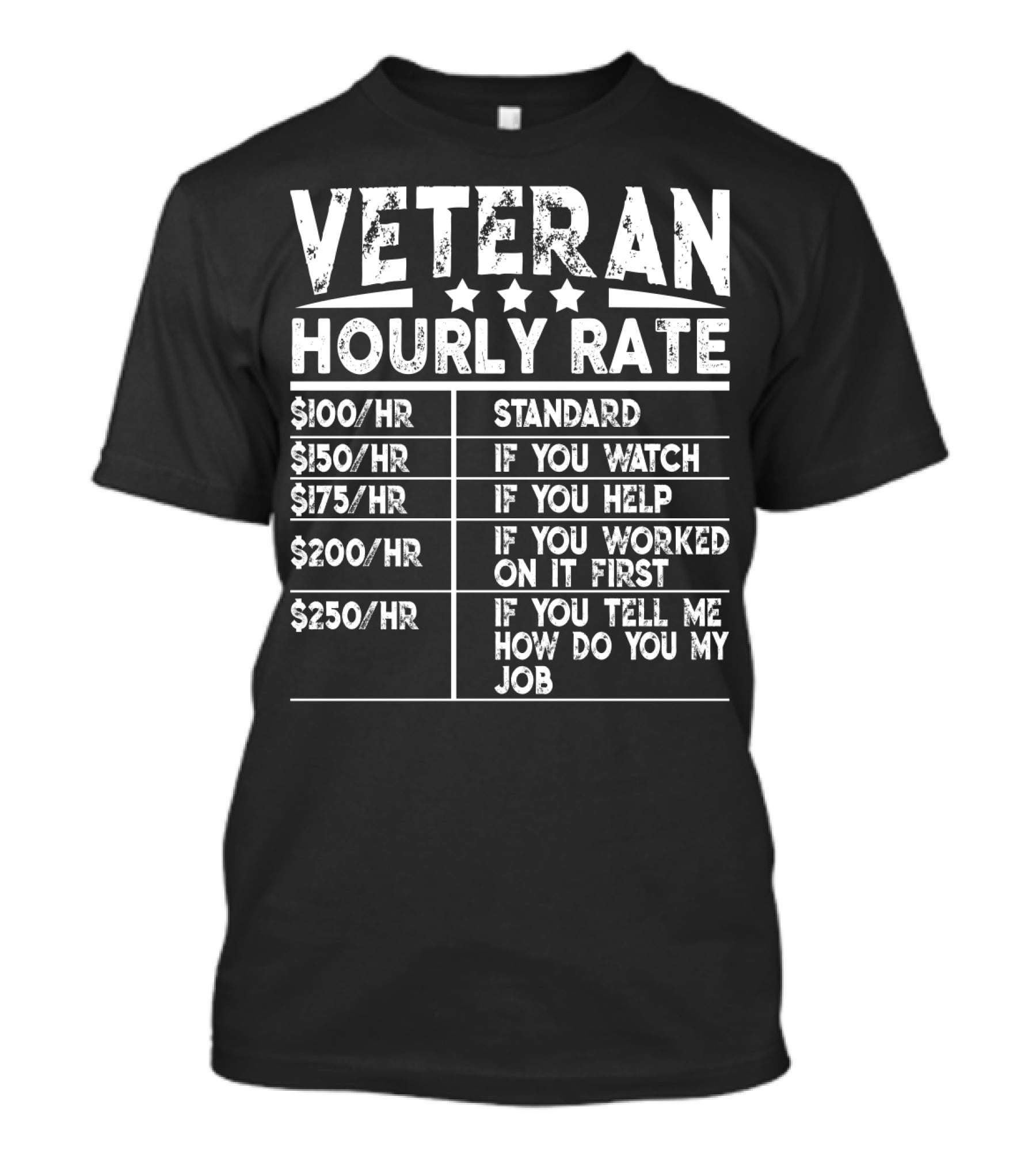 Veteran Hourly Rate $100/Hr Standard $150/Hr If You Watch $175/Hr If You Help $200/Hr If You Worked On It First $250/Hr If You Tell ME How Do You My Job T-Shirt