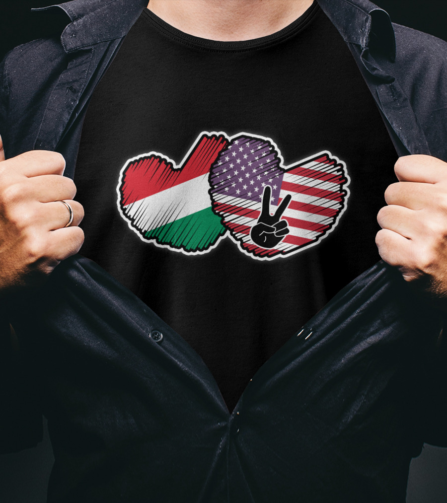 Peace Sign With Hungarian And American Heart-Shaped National Flags T-Shirt