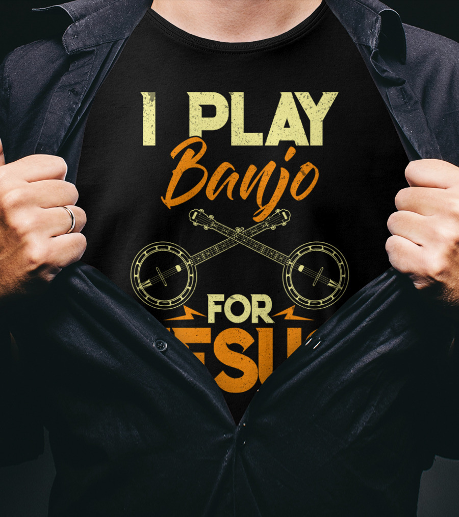 I Play Banjo For Jesus With Crossed Banjos In Orange T-Shirt