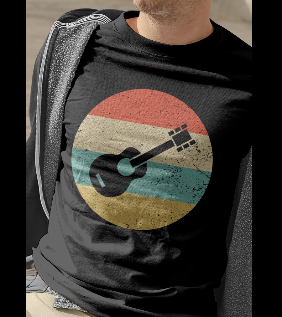Vintage Retro Guitar Silhouette With Striped Circle T-Shirt