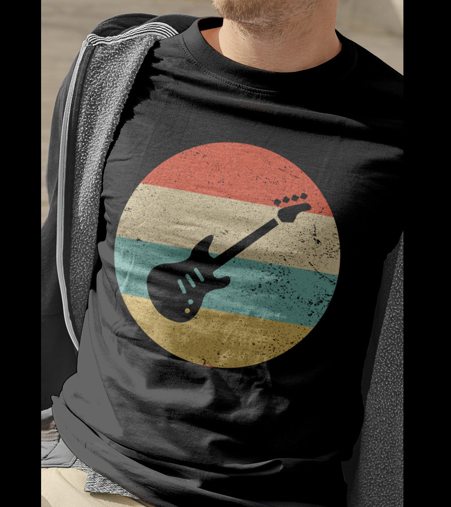 Vintage Retro Bass Guitar Silhouette Sunset Stripes T-Shirt