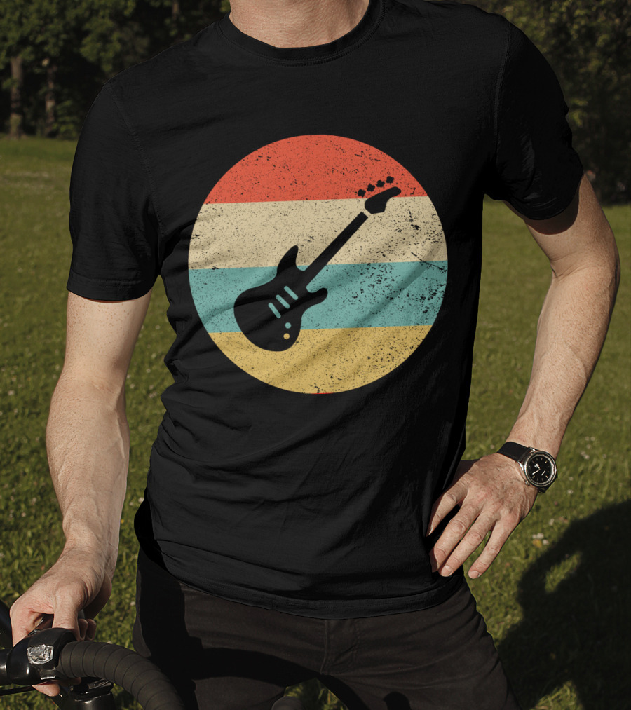 Vintage Retro Bass Guitar Silhouette Sunset Stripes T-Shirt