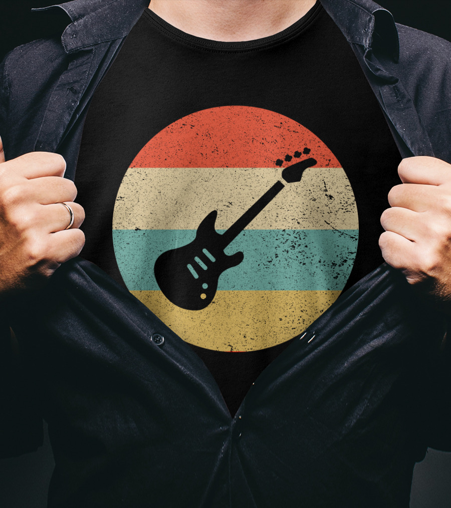 Vintage Retro Bass Guitar Silhouette Sunset Stripes T-Shirt