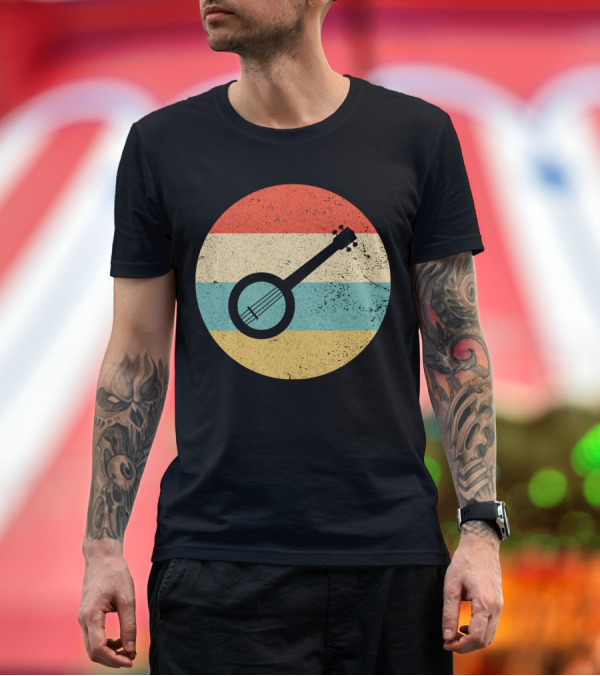 Premium T-Shirt: Retro Banjo Silhouette on Vintage Striped Circle T-Shirt Retro Banjo Silhouette on Vintage Striped Circle T-Shirt