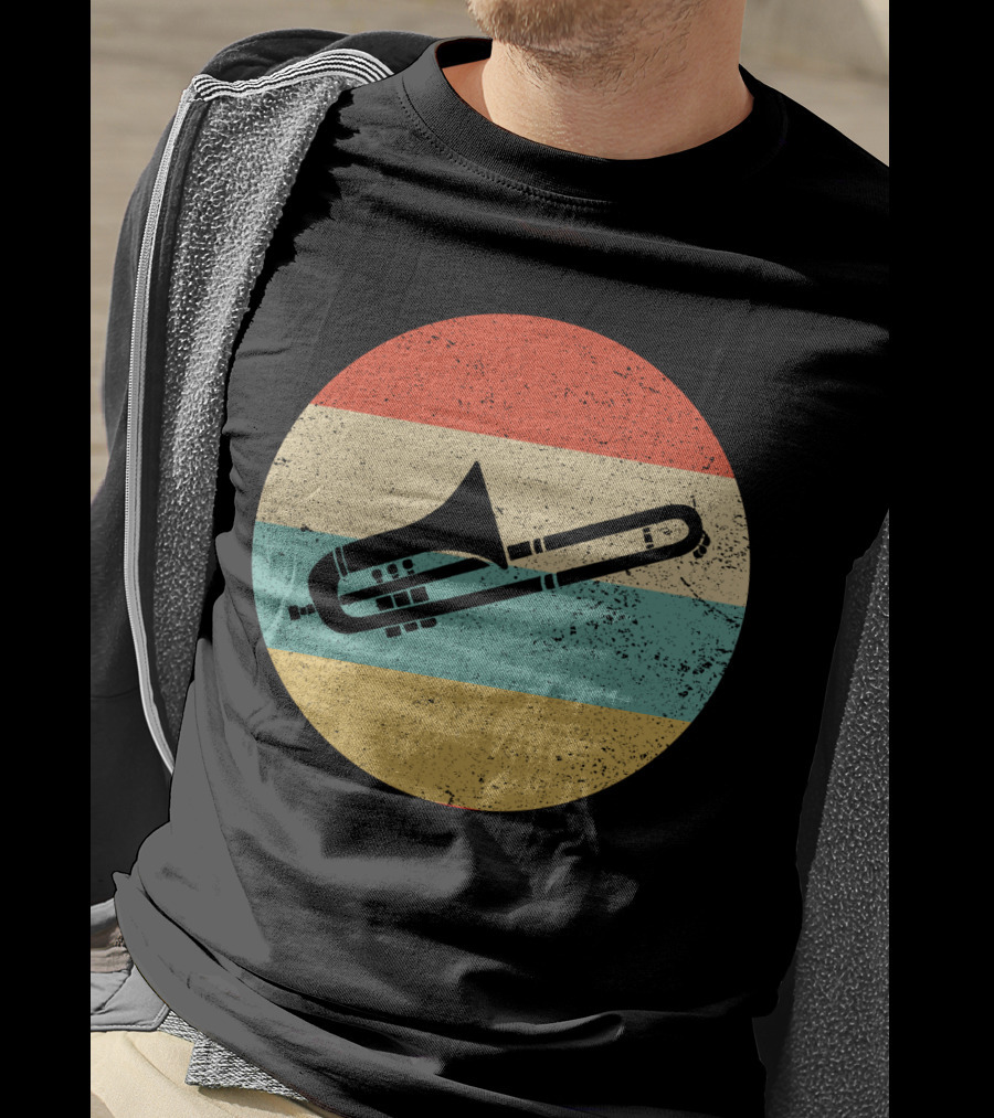 Vintage Retro Trombone Graphic On Striped Circle Background T-Shirt