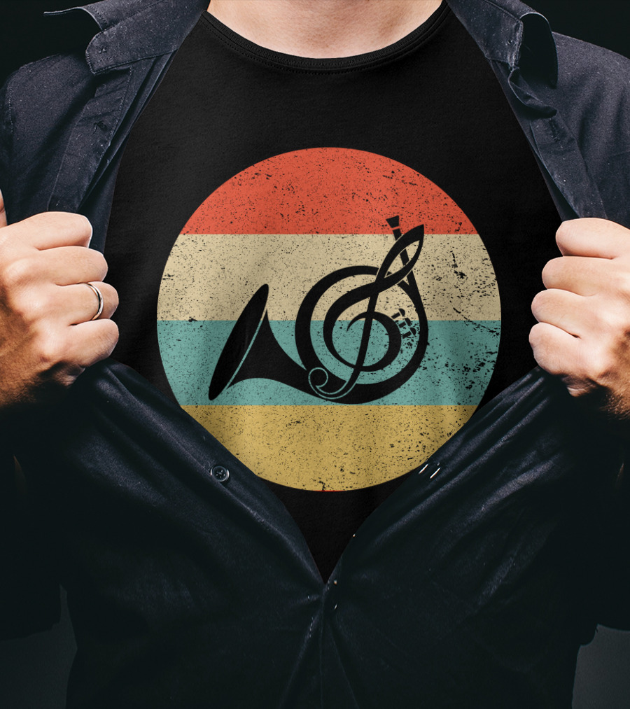 Vintage Retro Treble Clef French Horn Circle T-Shirt
