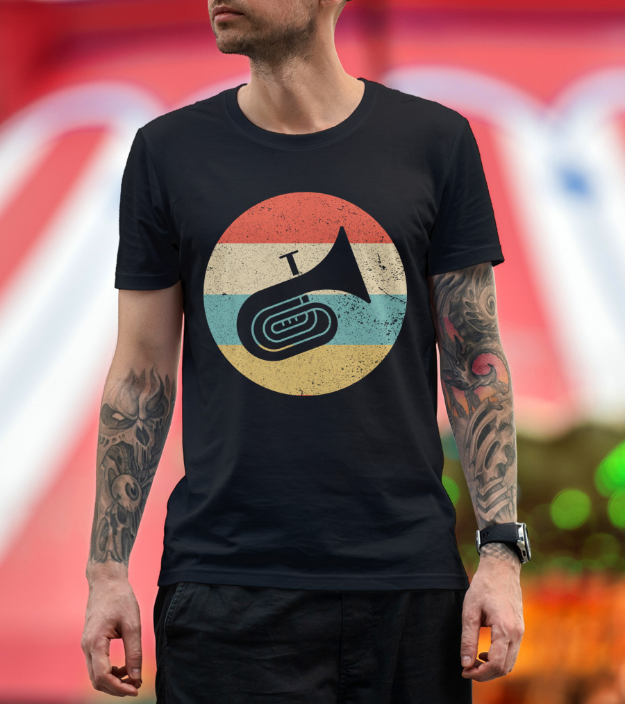 Vintage Retro Tuba Circle with Distressed Rainbow Stripes Background T-Shirt