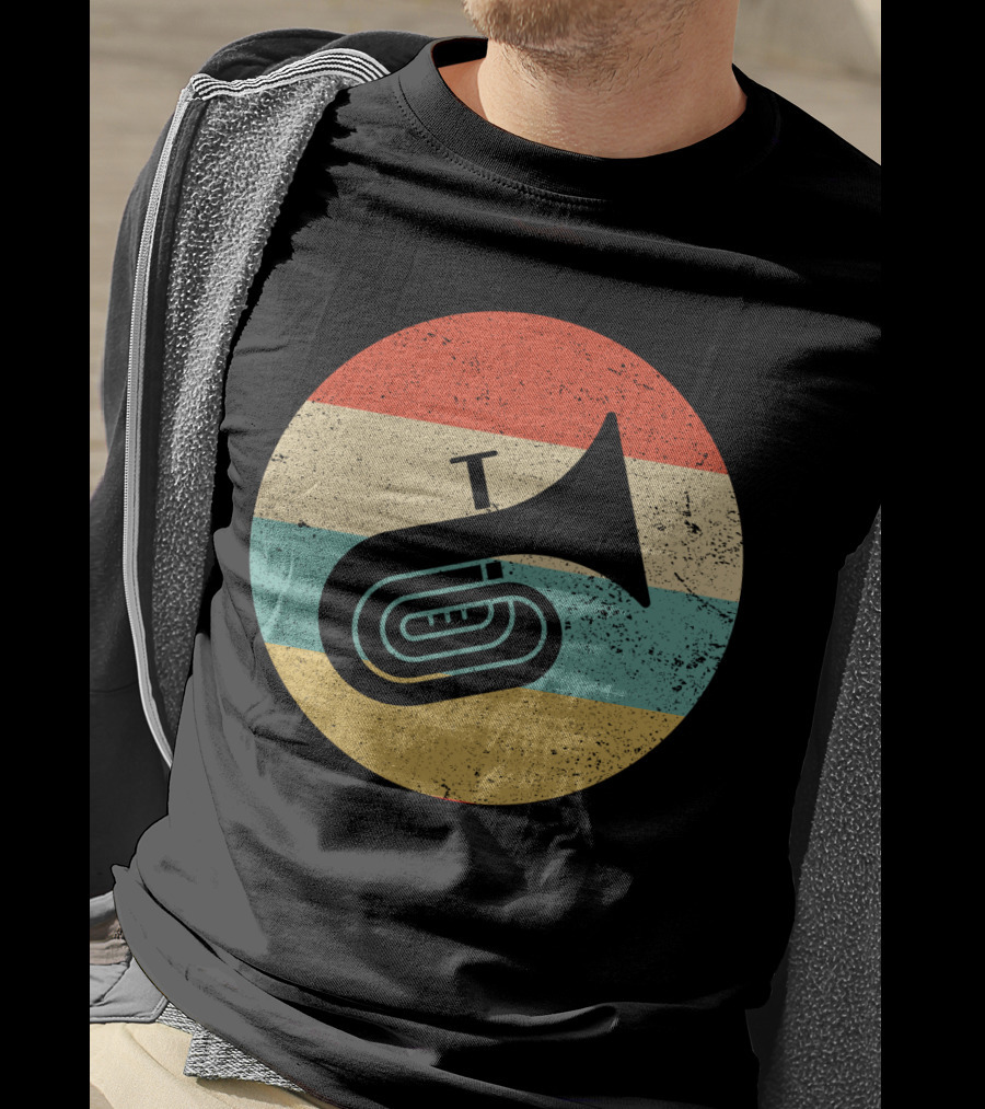 Vintage Retro Tuba Circle With Distressed Rainbow Stripes Background T-Shirt