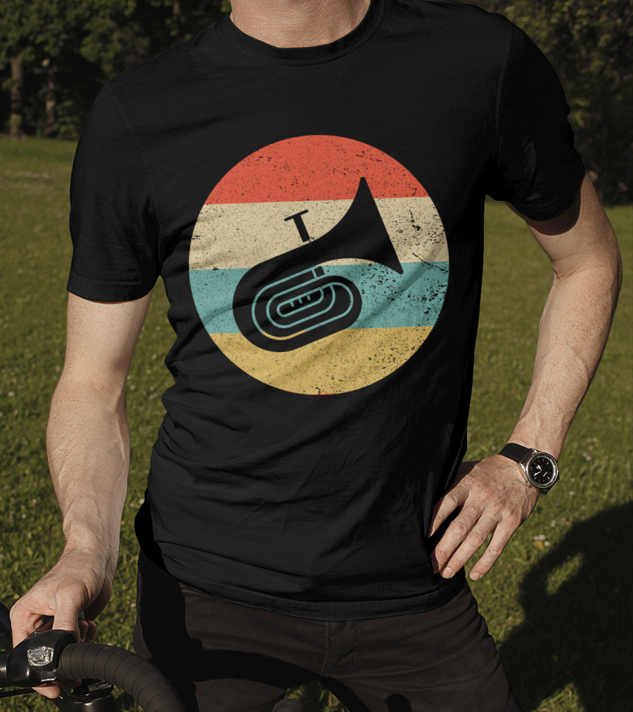 Vintage Retro Tuba Circle With Distressed Rainbow Stripes Background T-Shirt