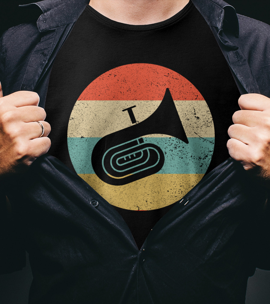 Vintage Retro Tuba Circle With Distressed Rainbow Stripes Background T-Shirt