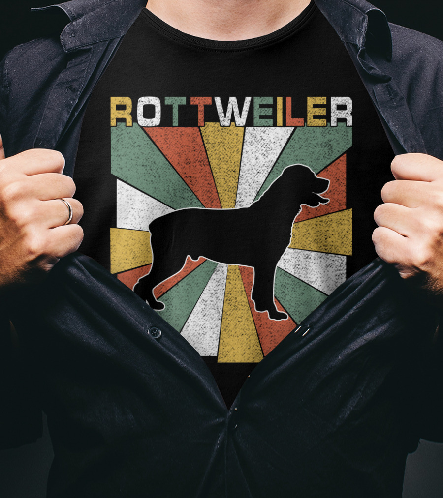 Rottweiler Dogs Retro 70s Vintage Silhouette Multicolor Stripes T-Shirt