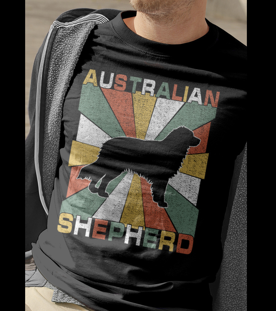 Australian Shepherd Dog Silhouette Retro 70s T-Shirt
