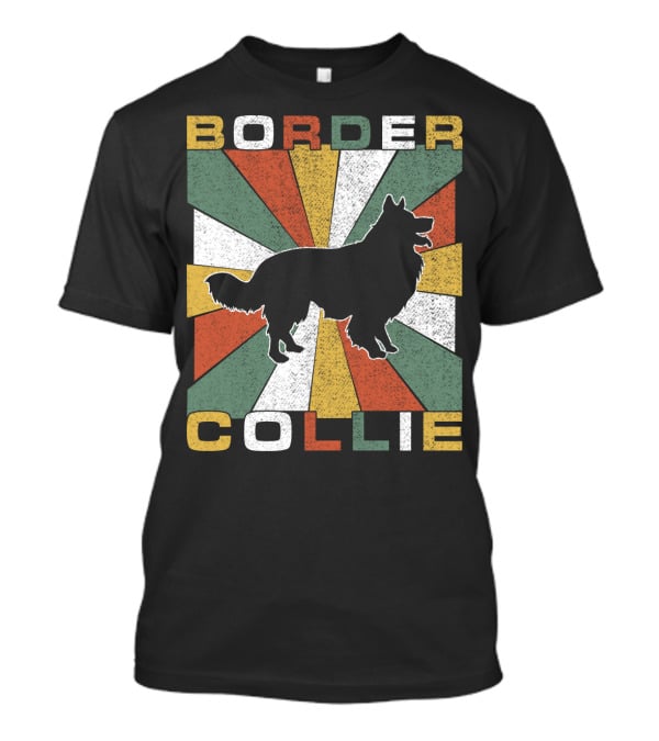 Border Collie Retro 70s Silhouette Radiant Stripes T-Shirt