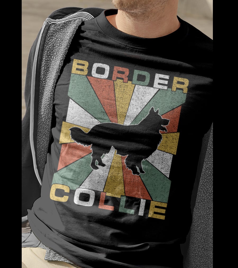 Border Collie Retro 70s Silhouette Radiant Stripes T-Shirt