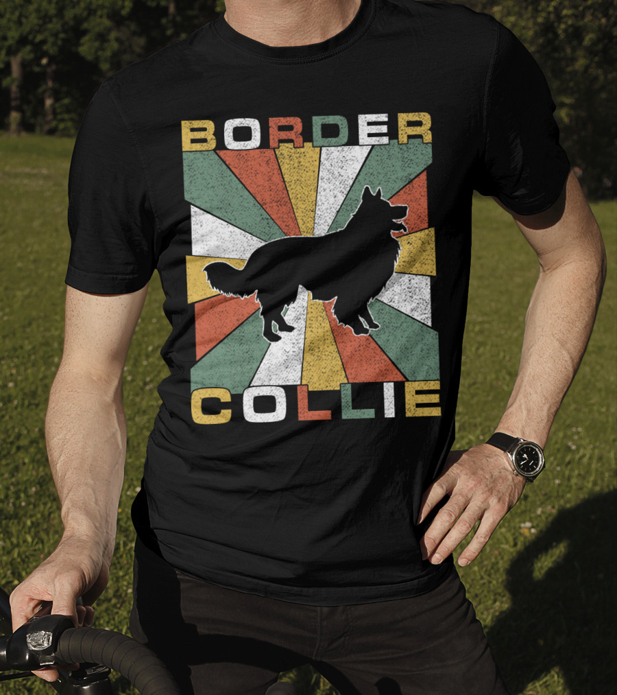 Border Collie Retro 70s Silhouette Radiant Stripes T-Shirt