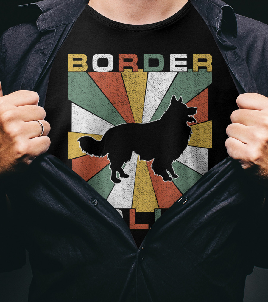 Border Collie Retro 70s Silhouette Radiant Stripes T-Shirt