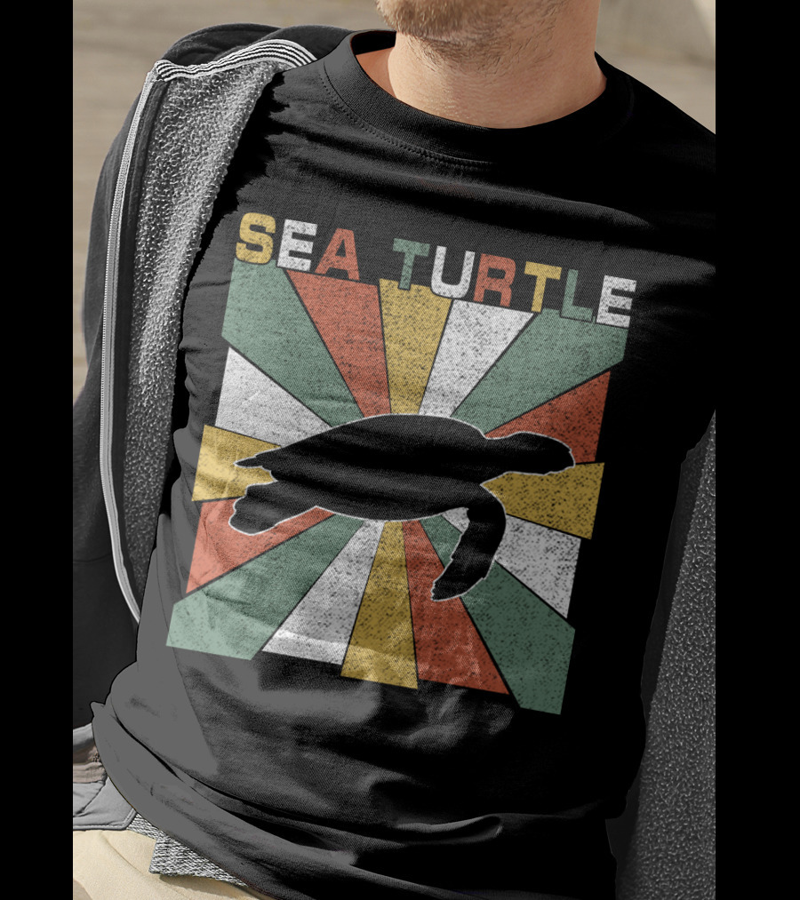 Sea Turtle Retro 70s Vintage Silhouette Distressed Color Blocking T-Shirt