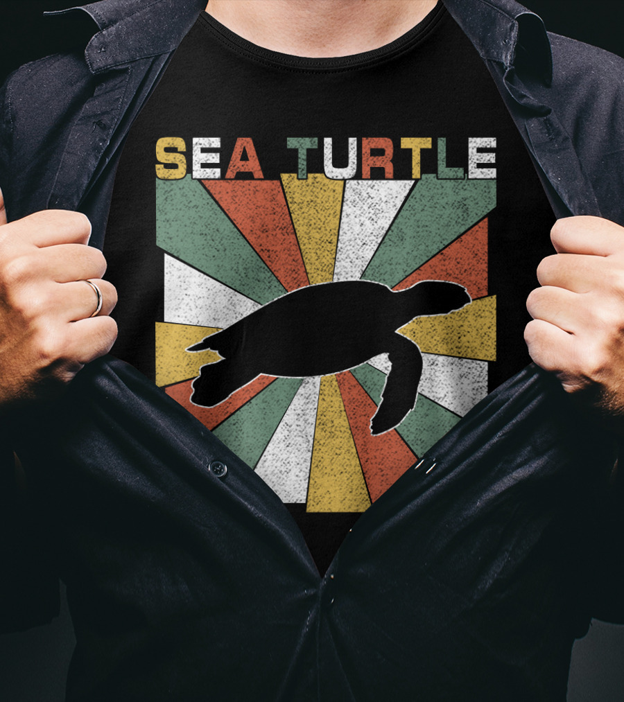 Sea Turtle Retro 70s Vintage Silhouette Distressed Color Blocking T-Shirt
