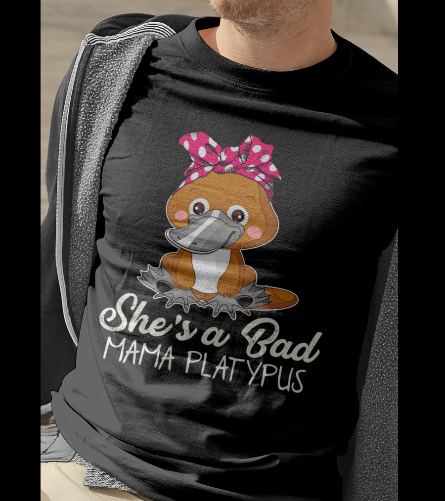 She's A Bad Mama Platypus Cute Cartoon Character With Pink Polka Dot Bow T-Shirt