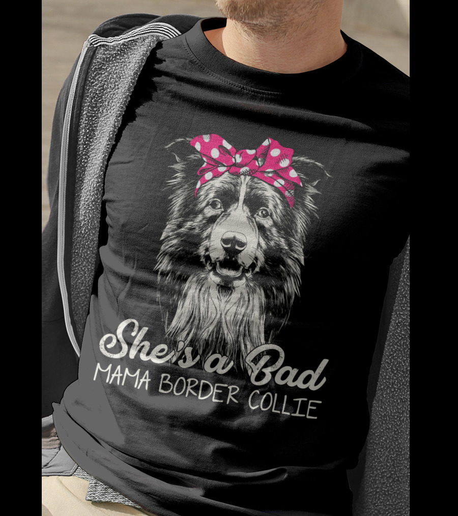 She's A Bad Mama Border Collie Retro Polka Dot Bandana T-Shirt