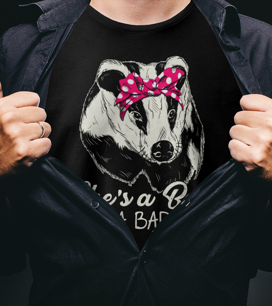She's A Bad Mama Badger With Pink Polka Dot Bow T-Shirt