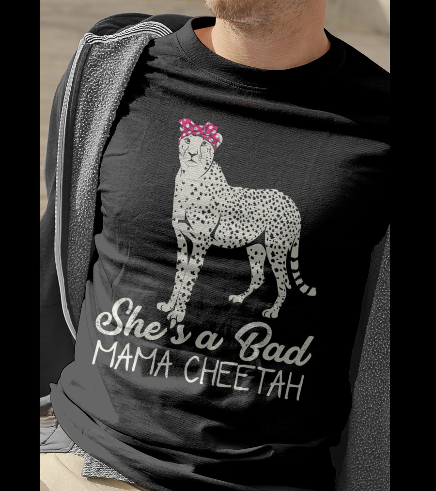 She's A Bad Mama Cheetah With Pink Polka Dot Bow T-Shirt