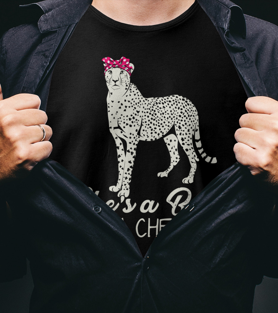 She's A Bad Mama Cheetah With Pink Polka Dot Bow T-Shirt