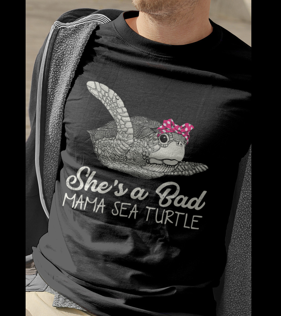 She's A Bad Mama Sea Turtle With Pink Polka Dot Bow T-Shirt