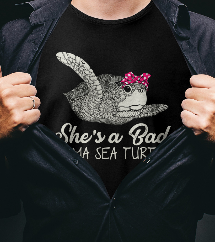 She's A Bad Mama Sea Turtle With Pink Polka Dot Bow T-Shirt