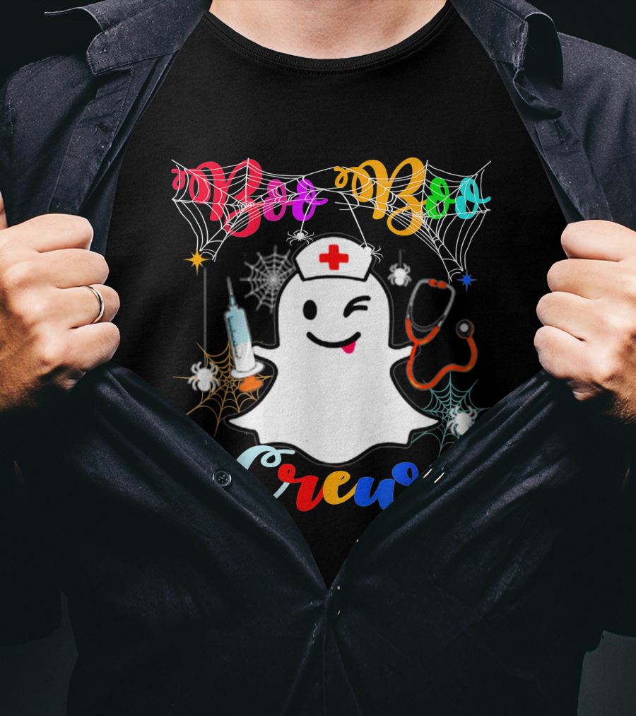 Boo Boo Crew Ghost Nurse Winking With Stethoscope And Syringe Halloween Spider Webs T-Shirt