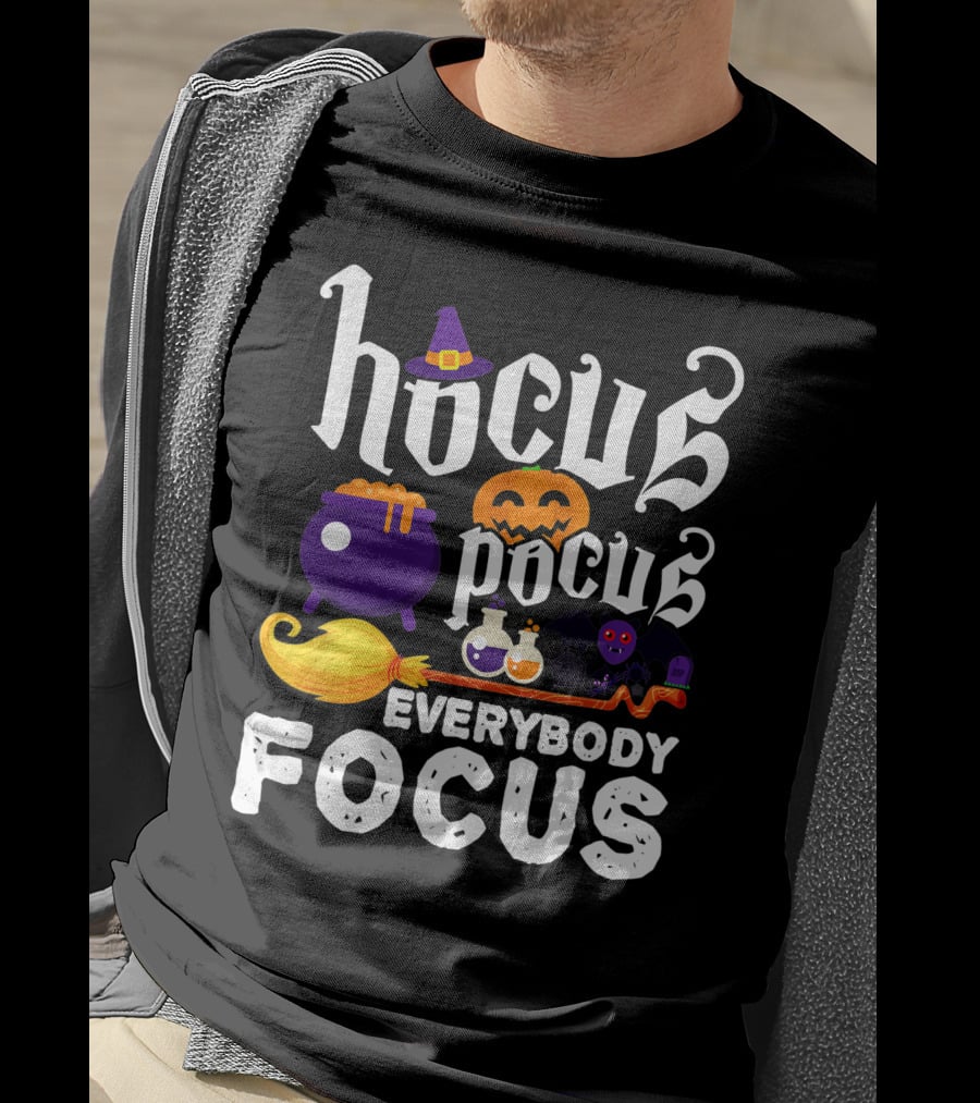 Hocus Pocus Everybody Focus Funny Halloween Costume Cauldron Pumpkin Broom Bat Potions T-Shirt