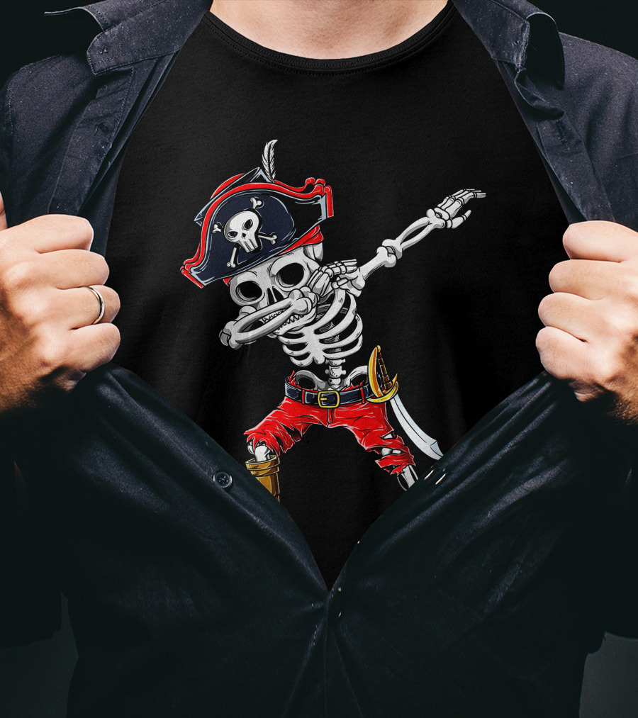 Dabbing Skeleton Pirate With Skull Hat And Sword T-Shirt